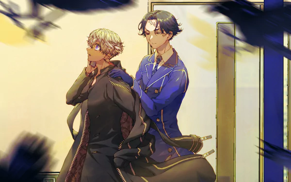 HD PC desktop wallpaper featuring Izana Kurokawa from the anime Tokyo Revengers, showcasing two characters in detailed attire with a softly lit background.