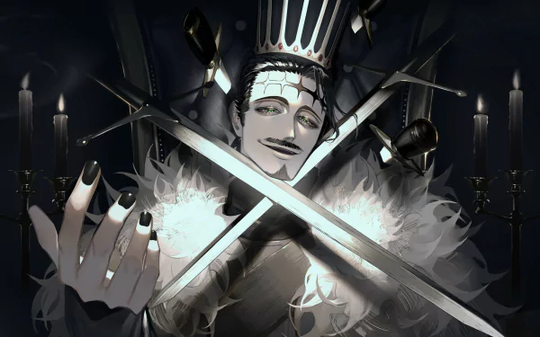 Dante (Black Clover) anime HD PC desktop wallpaper: grinning Dante in a tall crown and white fur collar, black nails, two crossed swords glowing amid candlelit darkness.