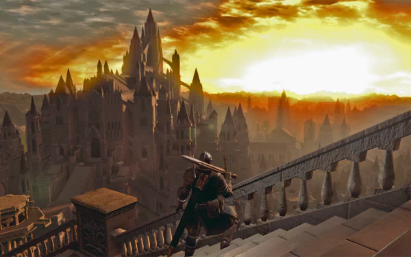 HD PC desktop wallpaper featuring a Dark Souls video game scene with a warrior overlooking a grand castle at sunset.
