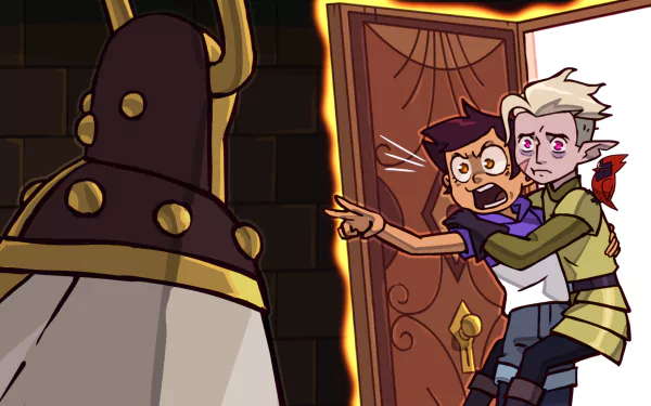 HD PC desktop wallpaper featuring Hunter and Luz Noceda from the TV show The Owl House in a tense scene inside a dimly lit room.