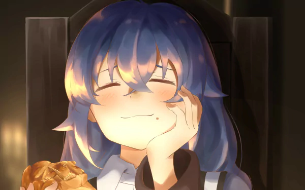 HD anime desktop wallpaper featuring Roxy Migurdia from Mushoku Tensei: Jobless Reincarnation, showcasing her with closed eyes and a gentle smile in warm lighting.