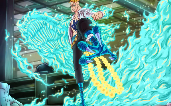 HD PC desktop wallpaper featuring Marco from One Piece anime, surrounded by glowing blue flames forming a phoenix shape in an intense action pose.