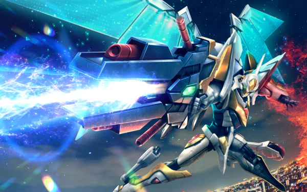 HD anime desktop wallpaper featuring the Lancelot Albion mecha from Code Geass, depicted in dynamic flight with glowing energy effects against a vibrant sky.