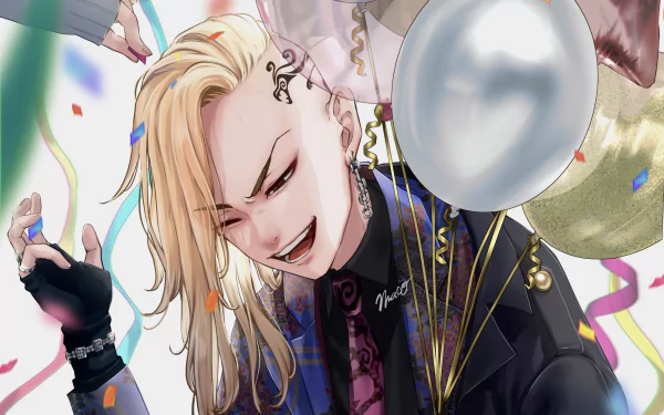 HD anime desktop wallpaper featuring Ken Ryuguji from Tokyo Revengers, surrounded by balloons and confetti in a dynamic, celebratory scene.