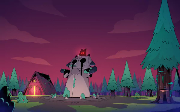 HD PC desktop wallpaper from the video game Cult of the Lamb features a dark, eerie forest scene with a large stone statue and glowing tents under a purple sky.