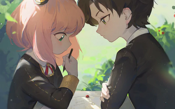 HD anime wallpaper featuring Damian Desmond and Anya Forger from Spy x Family in a close, thoughtful moment outdoors.