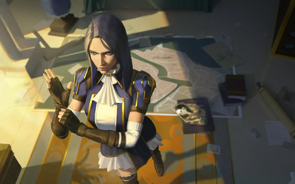 HD PC desktop wallpaper featuring Caitlyn from the TV show Arcane, depicted in a dramatic pose with detailed lighting and shadows.