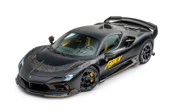 Black Mansory F9XX hypercar with yellow accents, aggressive aero kit and wheels, 8K Ultra HD PC desktop wallpaper/background.