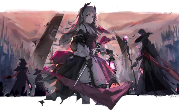 Irene (Arknights) stands amid a ruined battlefield, flanked by cloaked allies, dark-pink and gray tones — 4K Ultra HD PC desktop wallpaper from the Arknights video game.