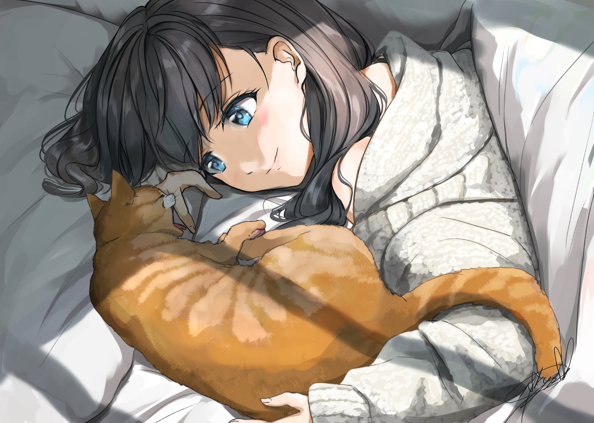Anime Girl with Cat – HD Cozy Moments Wallpaper
