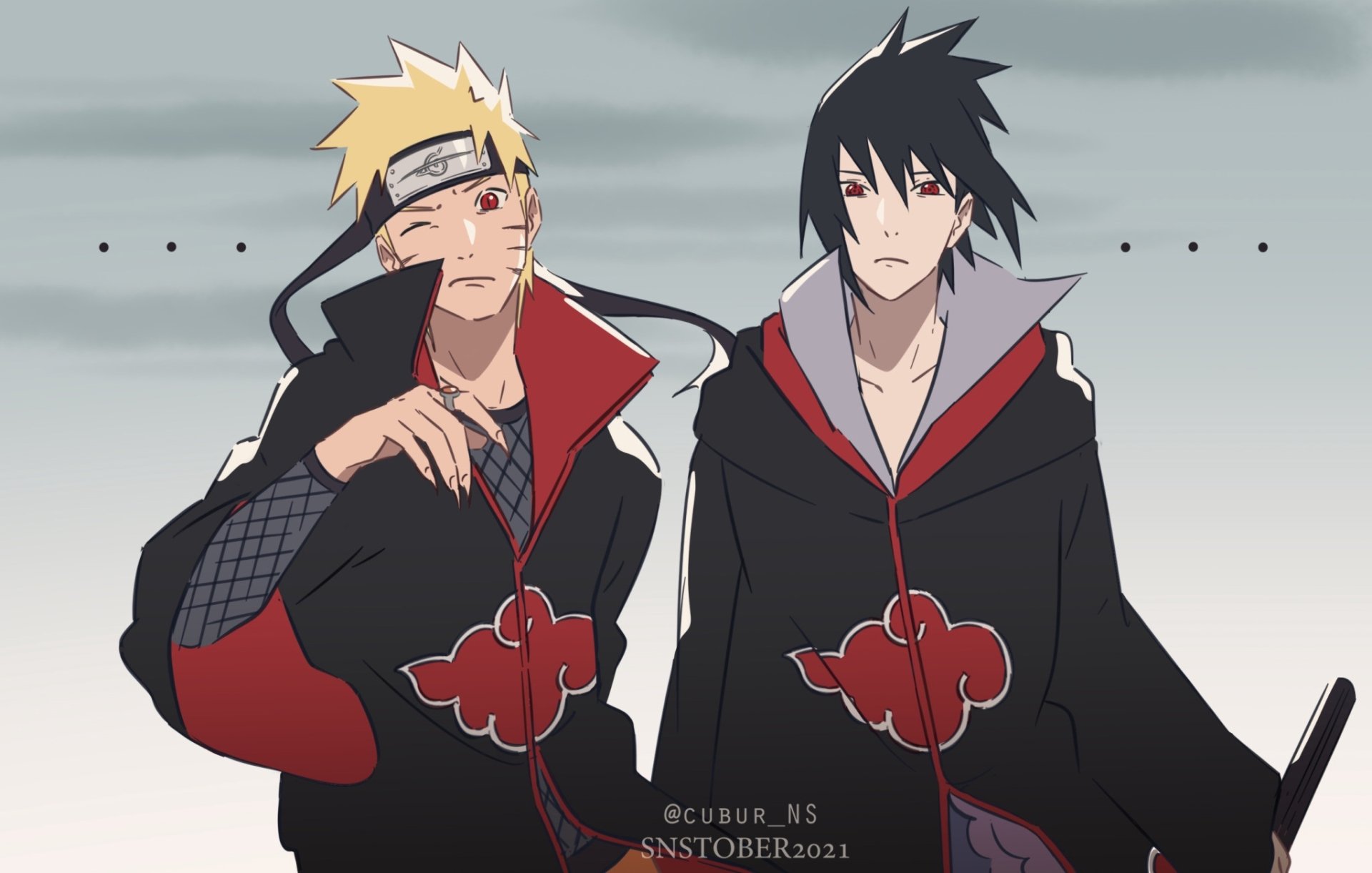 HD PC desktop wallpaper: Anime Naruto Uzumaki and Sasuke Uchiha in black Akatsuki cloaks standing side-by-side against a muted sky background.