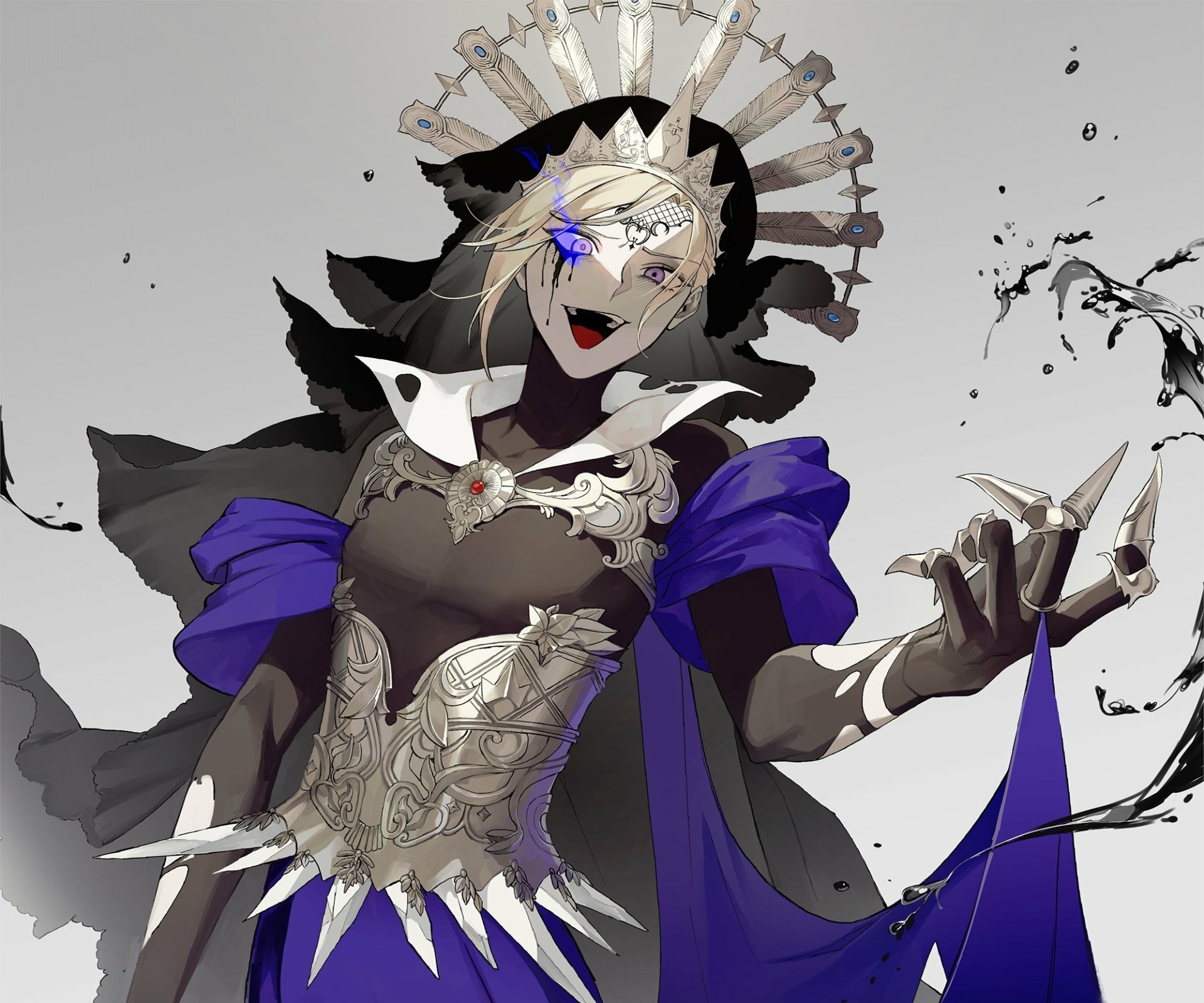 Vil Schoenheit from the video game Twisted Wonderland, in ornate silver armor and crown with a flowing purple cloak, pale smile and glowing eye against an ink-splattered gray backdrop — HD PC desktop wallpaper.