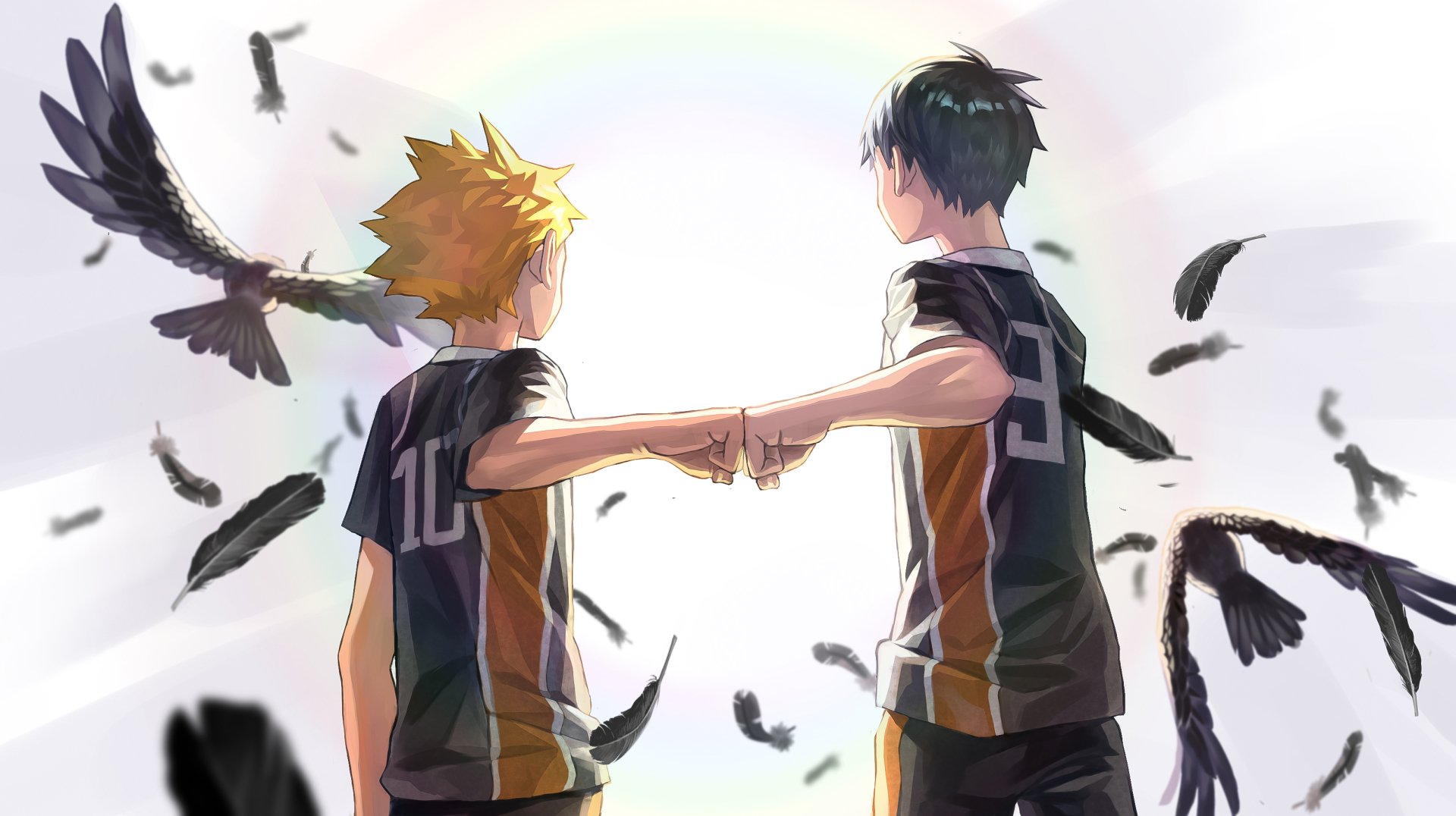 2K wallpaper of Tobio Kageyama and Shōyō Hinata from Haikyū!! fist-bumping in their Karasuno jerseys, backlit as crow feathers swirl around them.