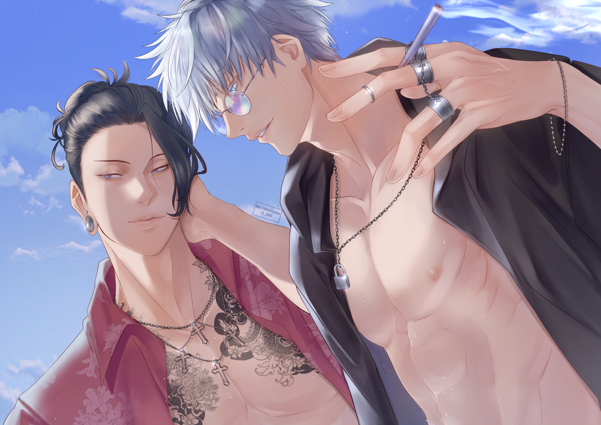 Anime 4K Ultra HD PC wallpaper of Jujutsu Kaisen's Satoru Gojo and Suguru Geto: Gojo shirtless with glasses and chains, Geto in a red robe showing a chest tattoo against a blue sky.