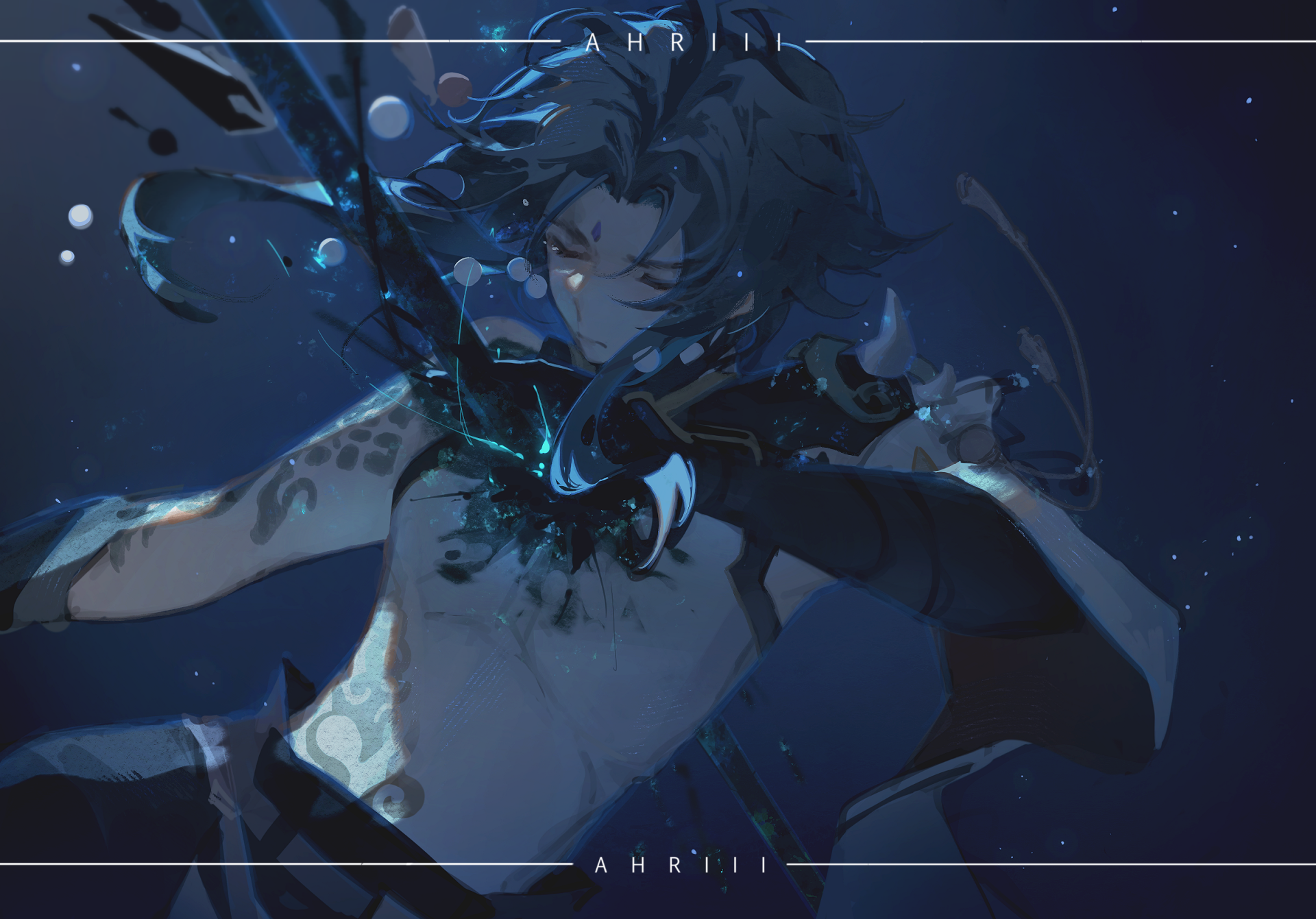 HD PC desktop wallpaper featuring Xiao from the video game Genshin Impact in a dynamic, dark-toned scene with blue energy effects.