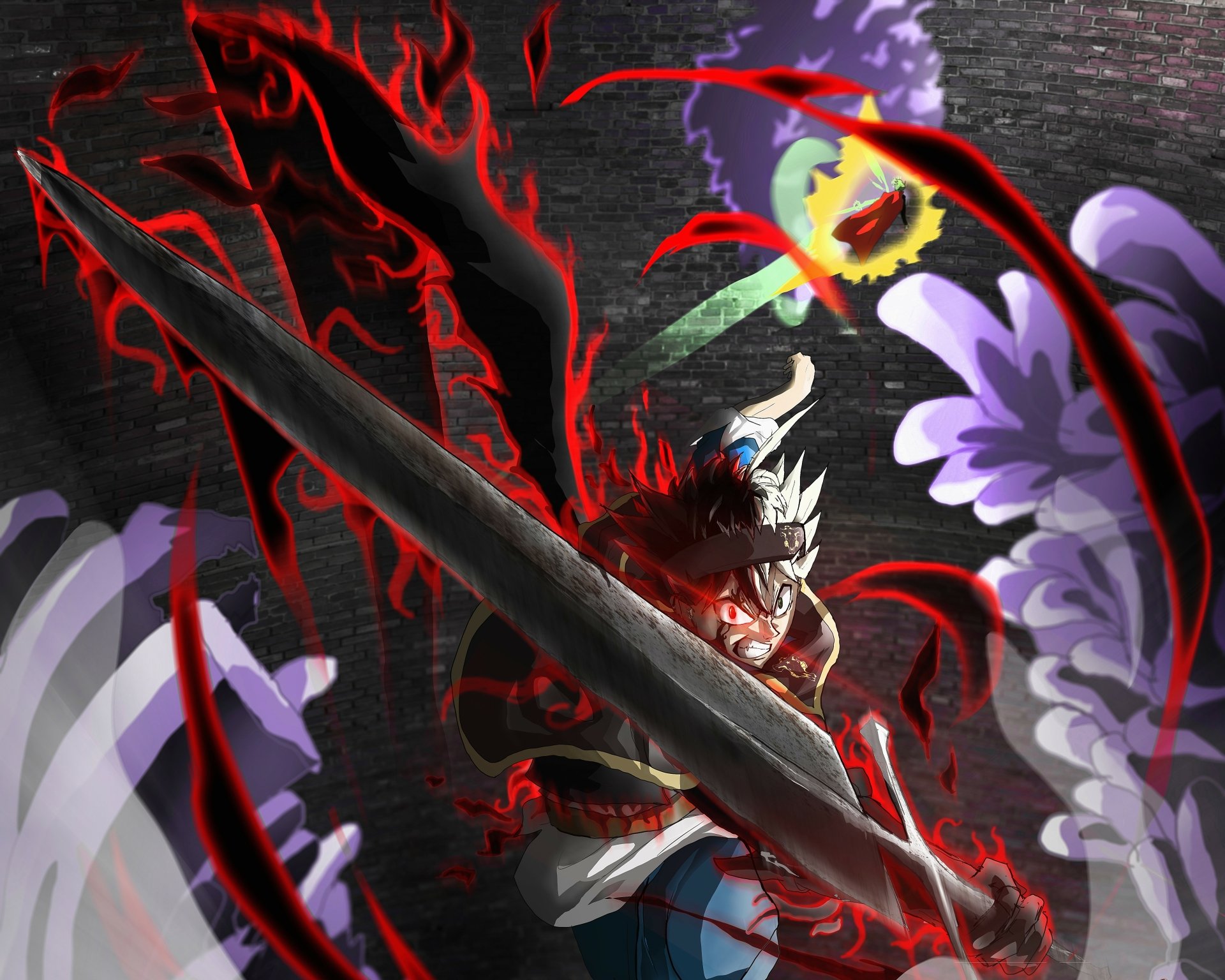 Asta (Black Clover) in demon-infused form, brandishing a massive sword amid red-black energy and purple wings — 5K Ultra HD PC desktop wallpaper and background.