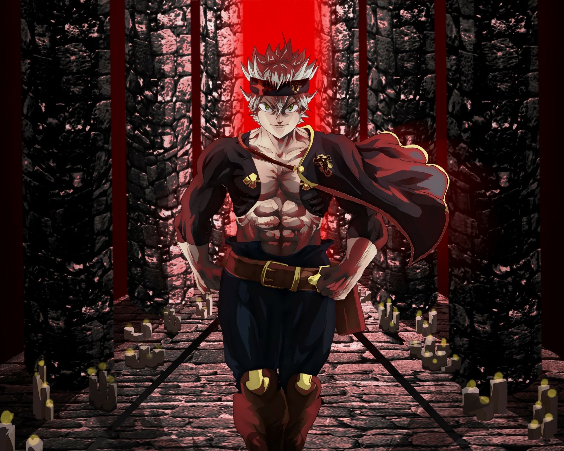 HD PC desktop wallpaper featuring Asta from the anime Black Clover, depicted with intense expression and fiery red hair in a dark, stone-walled setting.