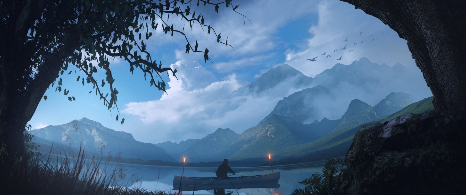 2K Quad HD PC desktop wallpaper: serene fantasy landscape — lone figure in a boat on a misty lake, glowing torches, distant mountains and a cinematic fantasy world environment.