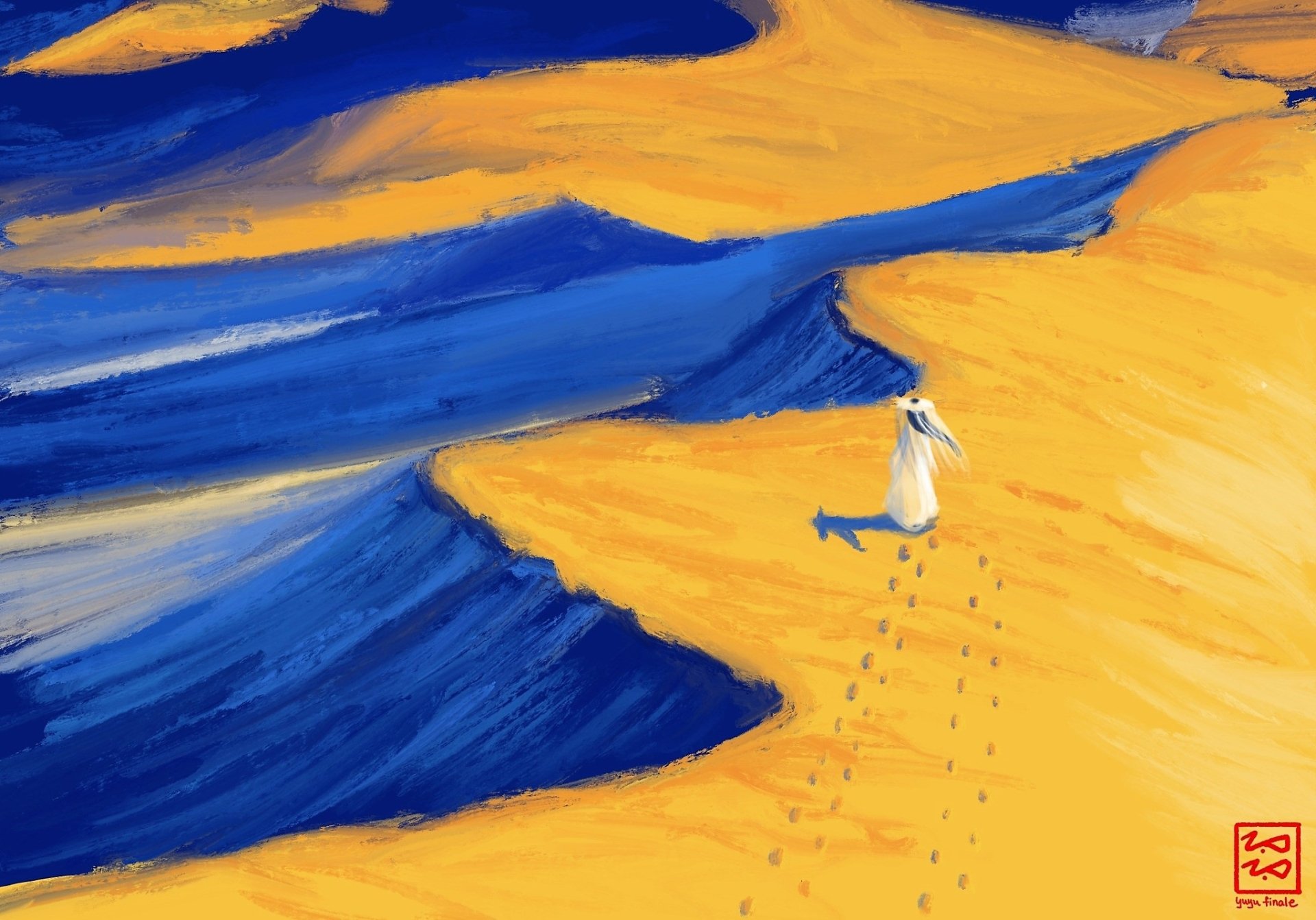 HD PC desktop wallpaper featuring Xie Lian from the anime Tian Guan Ci Fu, depicted walking on a vibrant yellow and blue abstract landscape.