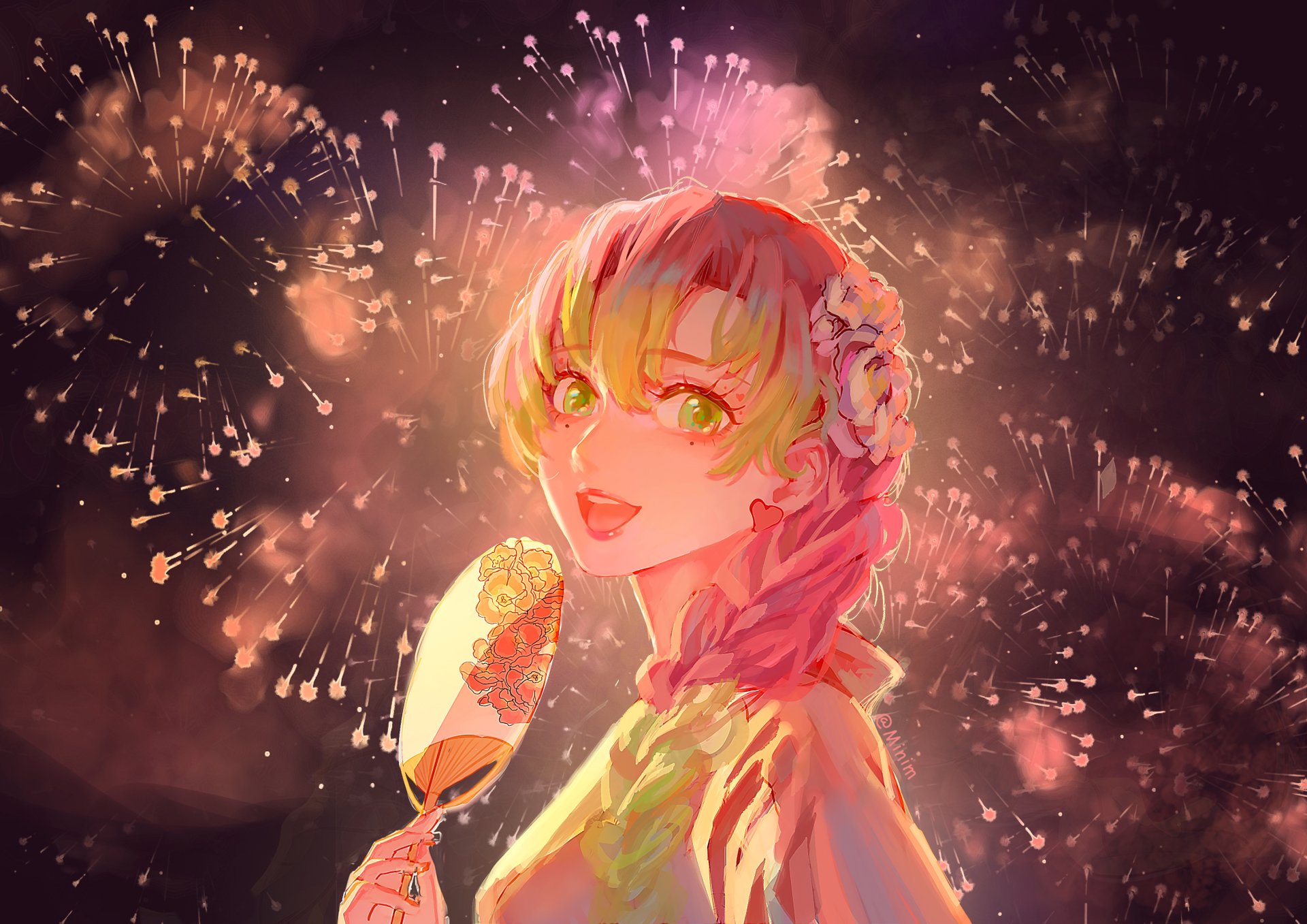 HD PC wallpaper featuring Mitsuri Kanroji from the anime Demon Slayer: Kimetsu no Yaiba, with vibrant fireworks lighting up the night sky behind her.