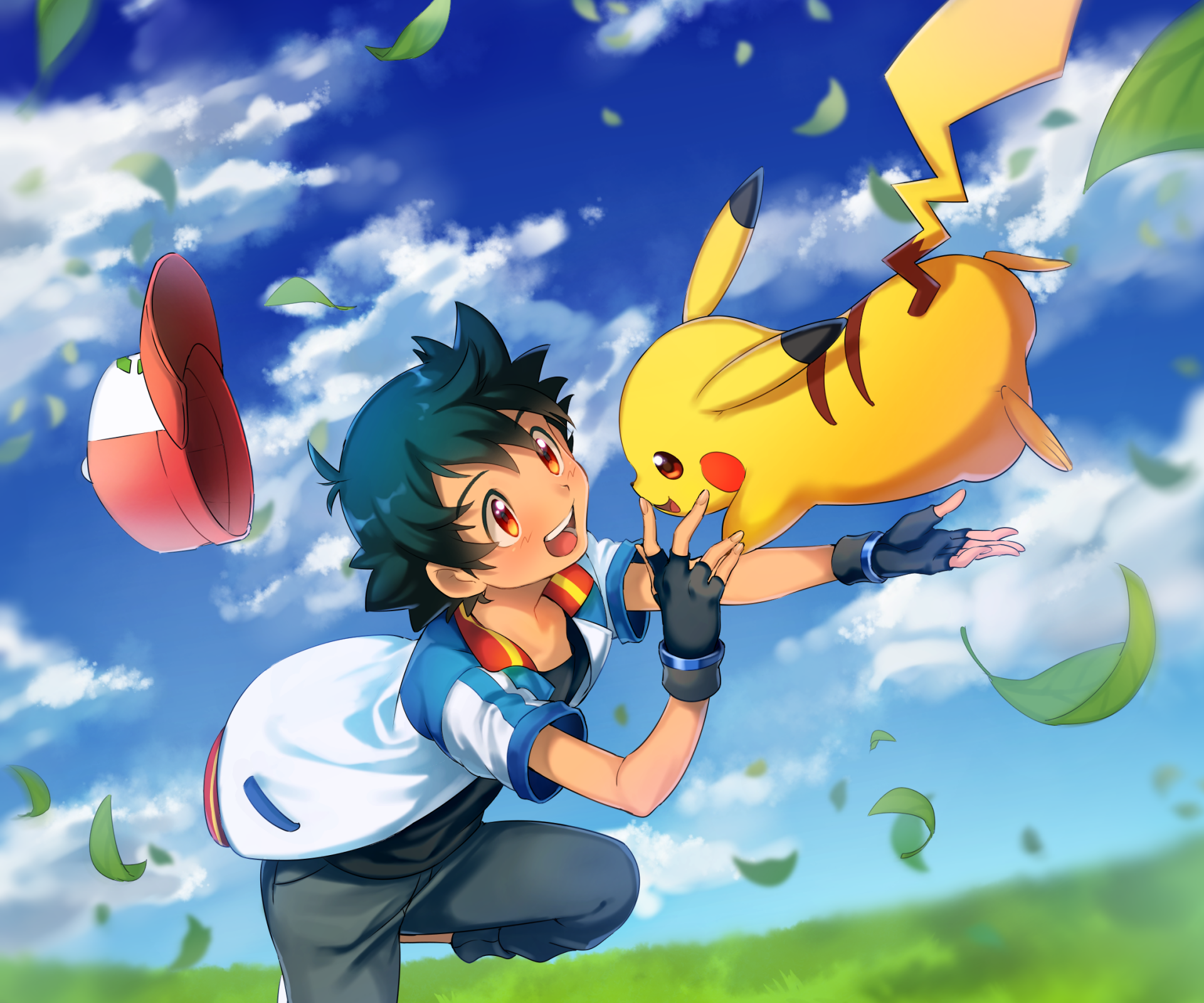 HD PC desktop wallpaper featuring Ash Ketchum reaching out to Pikachu, inspired by the Pokémon: Red and Blue video game, set against a vibrant blue sky with floating leaves.