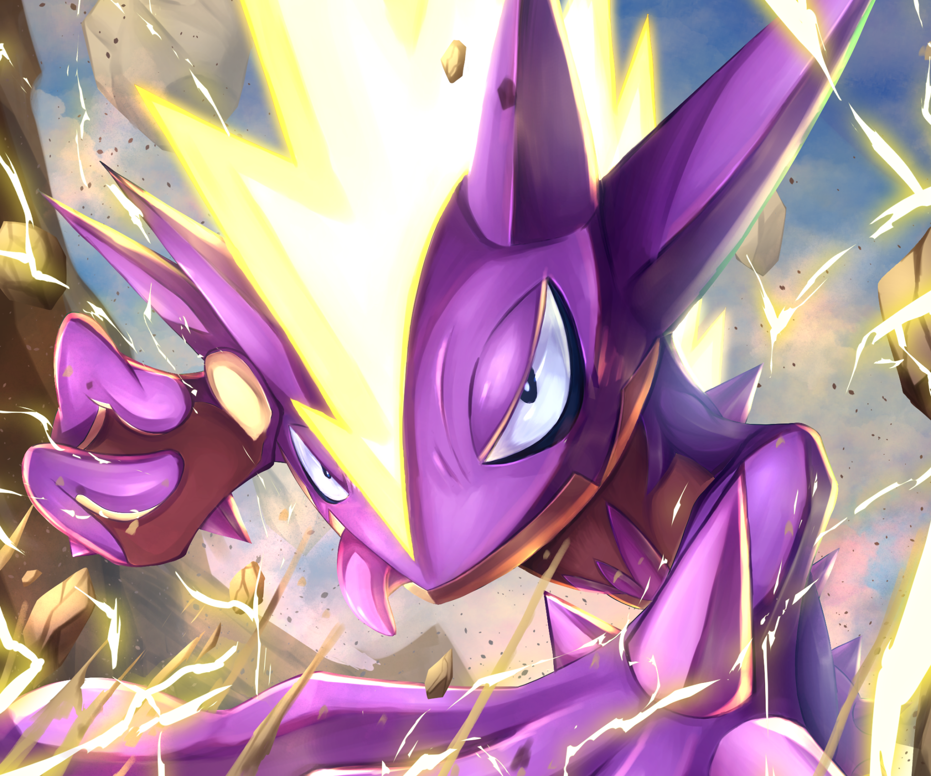HD PC desktop wallpaper of Toxtricity (Pokémon) from the video game Pokémon: Sword and Shield — dynamic close-up unleashing crackling purple-yellow electricity.