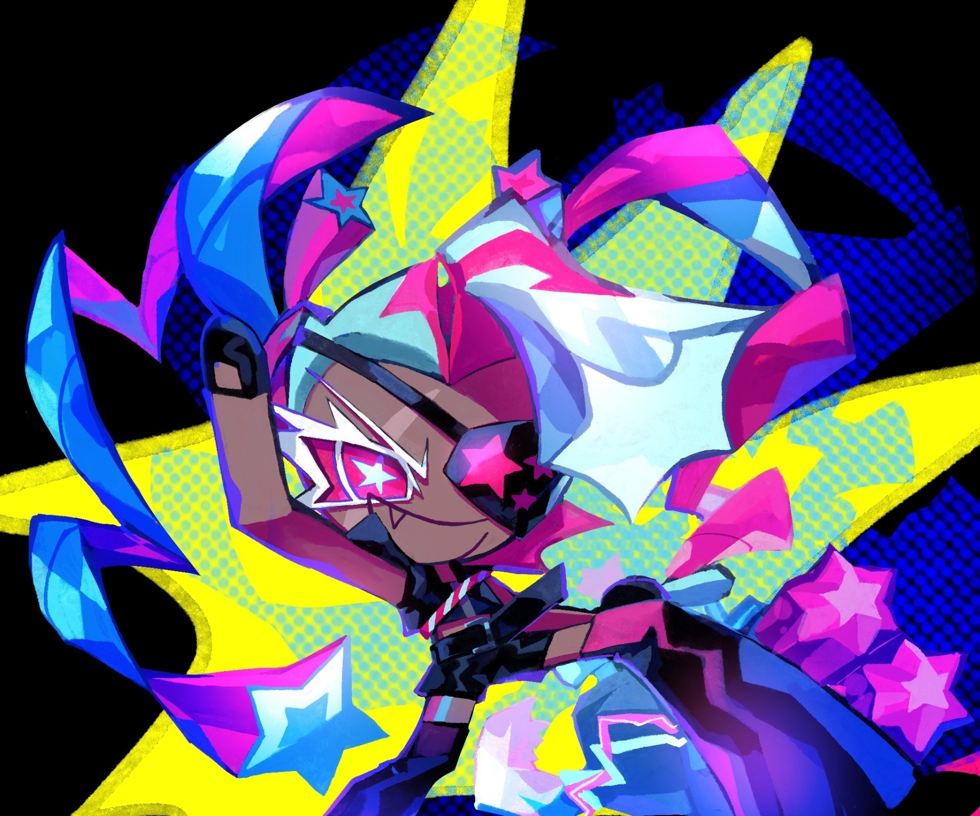 HD PC desktop wallpaper of Twizzly Gummy Cookie from COOKIE RUN: KINGDOM — neon pop-art portrait with star-shaped glasses, candy-hued ribbons and a dynamic, energetic pose.
