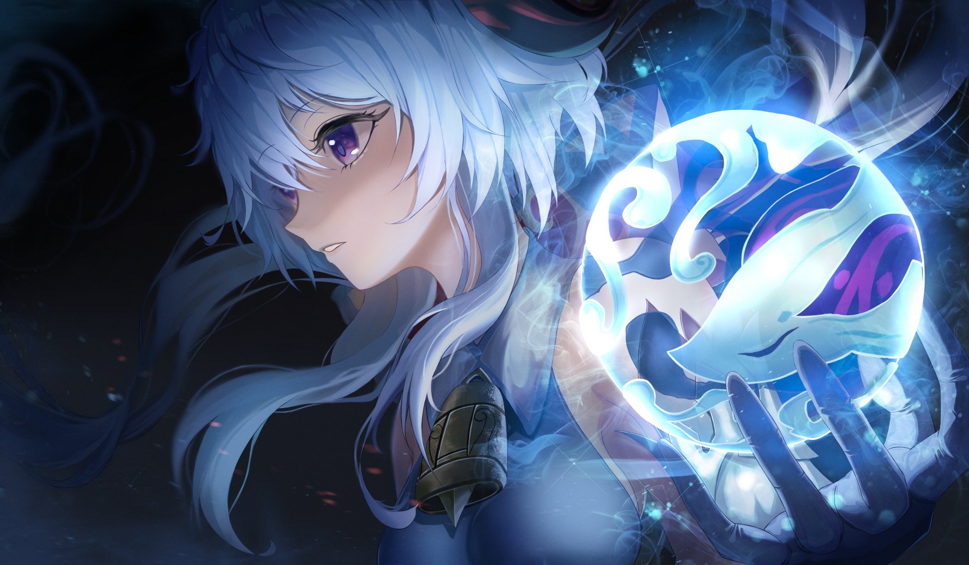 Ganyu (Genshin Impact) from the video game: icy-haired archer clutching a glowing Cryo orb amid dark, ethereal light — 4K Ultra HD PC desktop wallpaper/background.