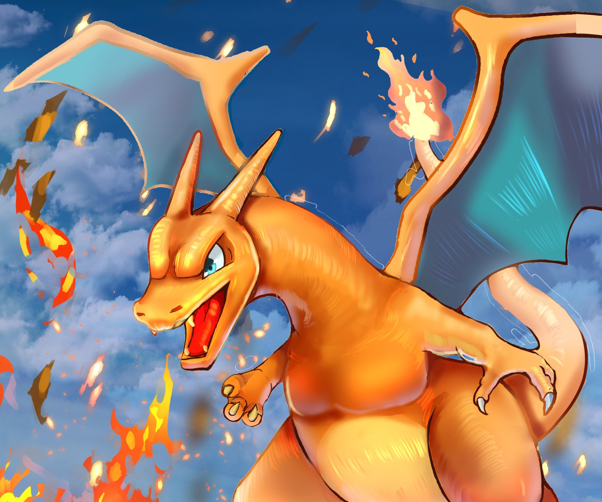 Vibrant HD PC desktop wallpaper featuring Charizard, the fiery dragon Pokémon, with flames and a dynamic, action-packed video game-inspired background.