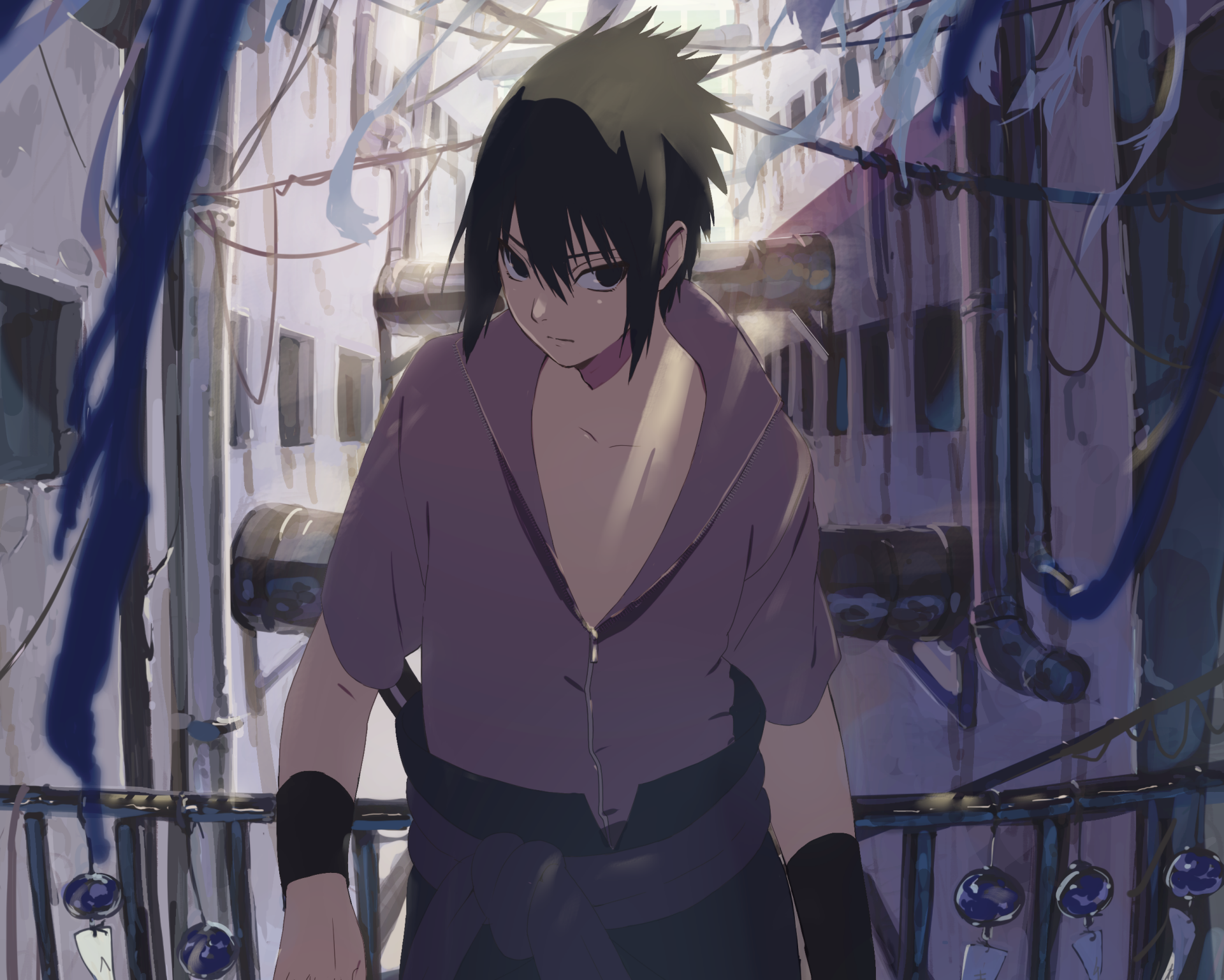 Sasuke Uchiha (Naruto) anime: brooding Sasuke on a narrow bridge in a dim alley, open shirt and gloves — 2K Quad HD PC desktop wallpaper/background.