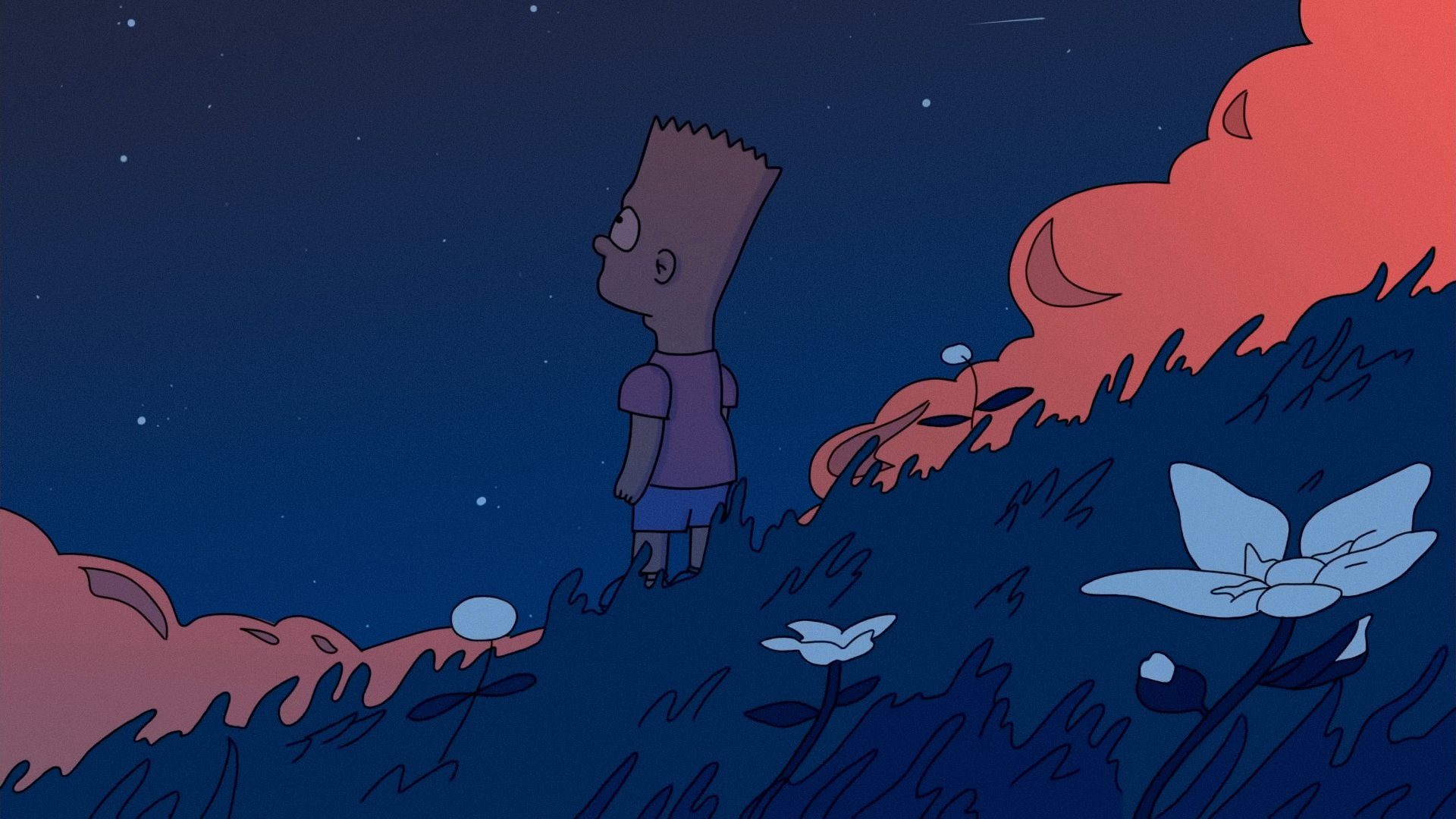HD PC desktop wallpaper featuring Bart Simpson from the TV show The Simpsons standing on a hill under a starry night sky with glowing flowers.