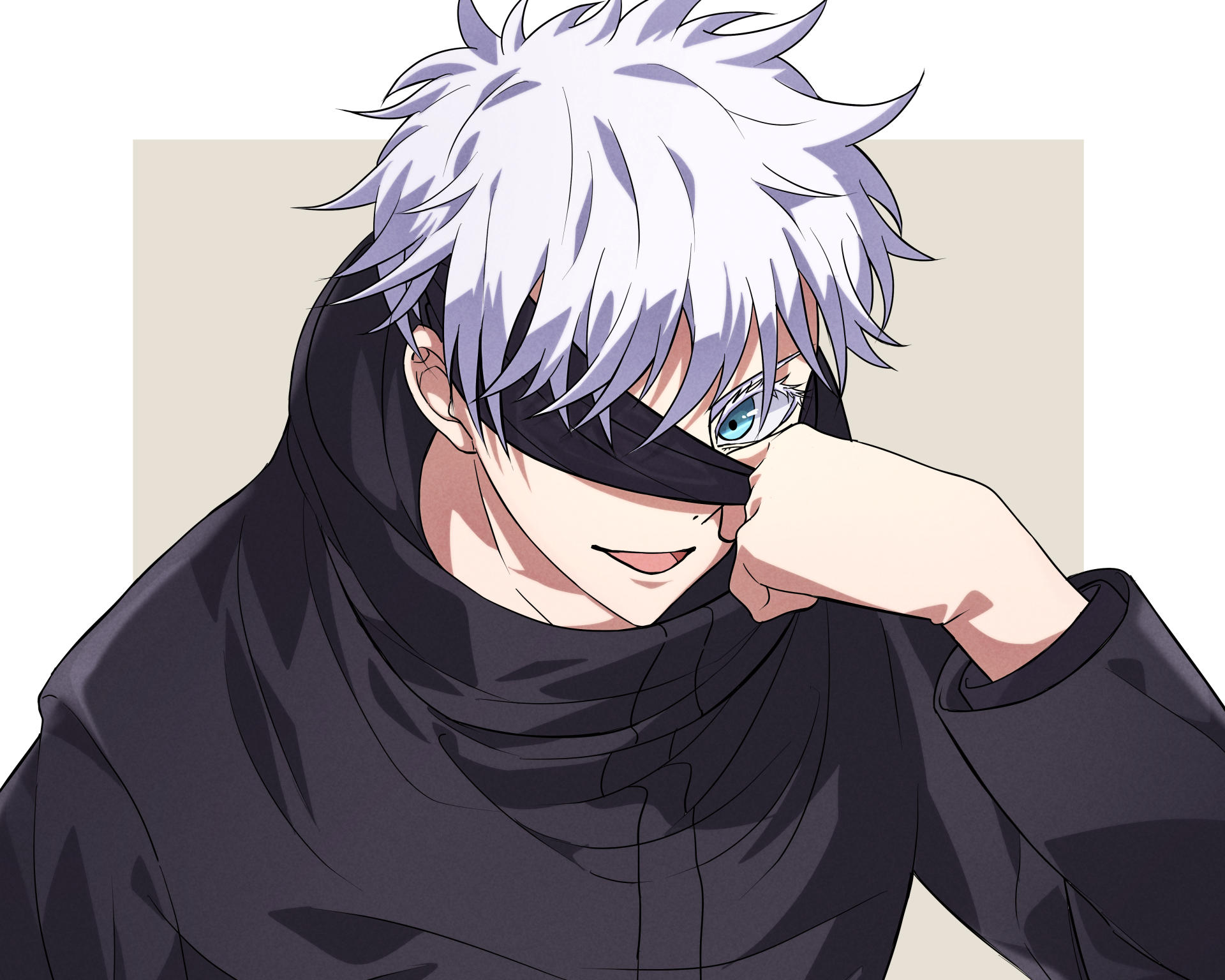 Satoru Gojo (Jujutsu Kaisen) anime portrait: white hair, blindfold lifted to show a vivid blue eye and smirk — high-detail 4K Ultra HD PC desktop wallpaper.