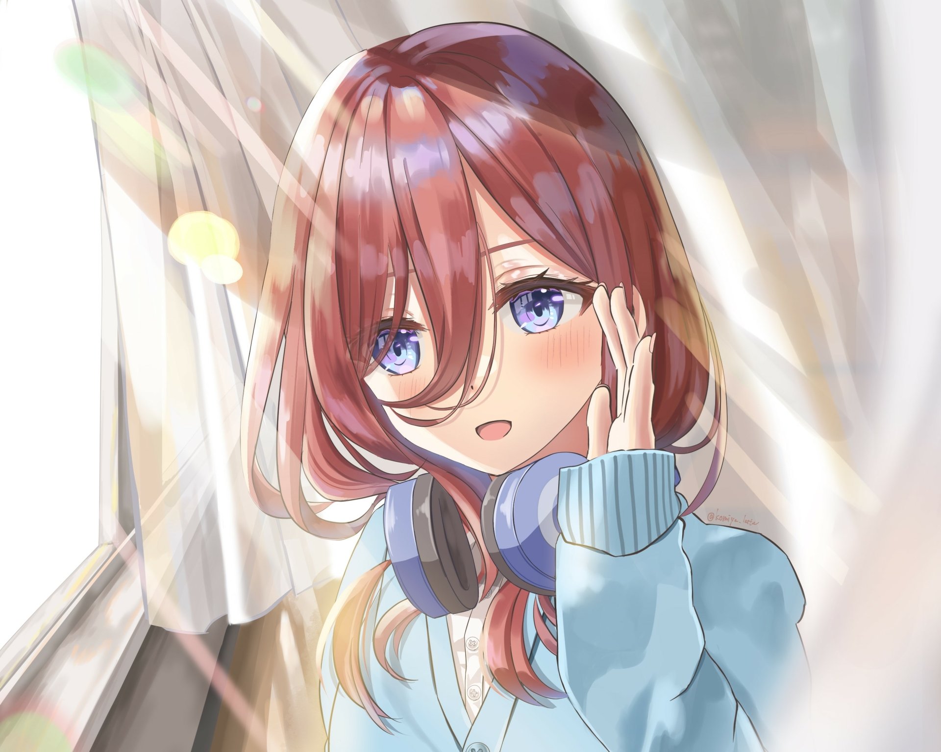 HD anime desktop wallpaper featuring Miku Nakano from The Quintessential Quintuplets, showcasing her with headphones and a gentle expression by a sunlit window.