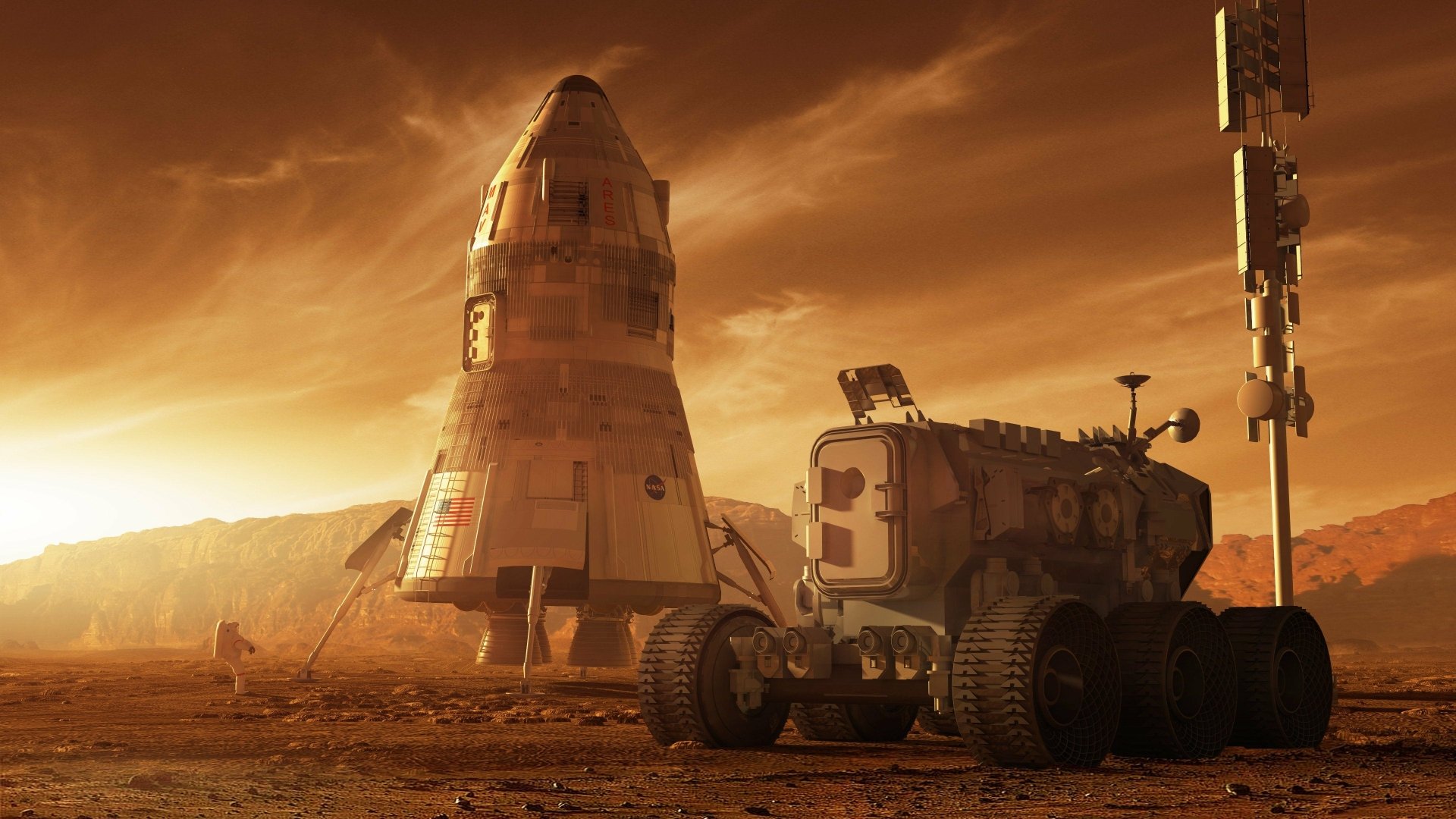NASA man-made Mars lander and rover on rust-red terrain under a dramatic sky — 4K Ultra HD PC desktop wallpaper and background.