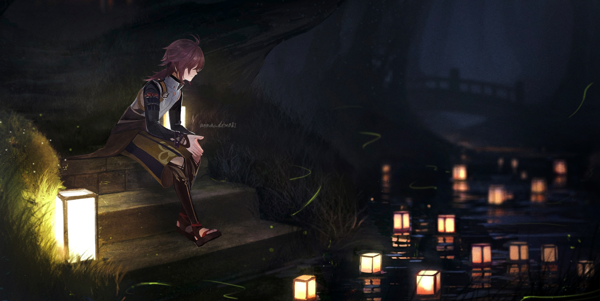 HD PC desktop wallpaper featuring Shikanoin Heizou from the video game Genshin Impact, sitting on steps near glowing lanterns in a dark, serene setting.
