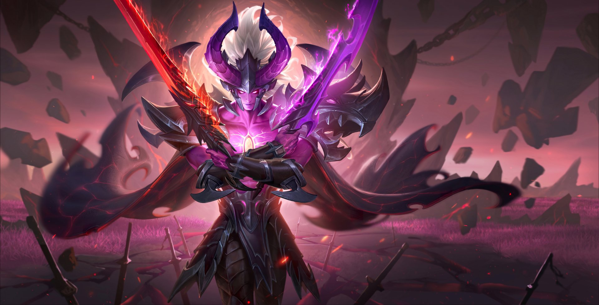 4K Ultra HD desktop wallpaper featuring a dark, armored character wielding glowing red and purple swords from the video game Honor of Kings.