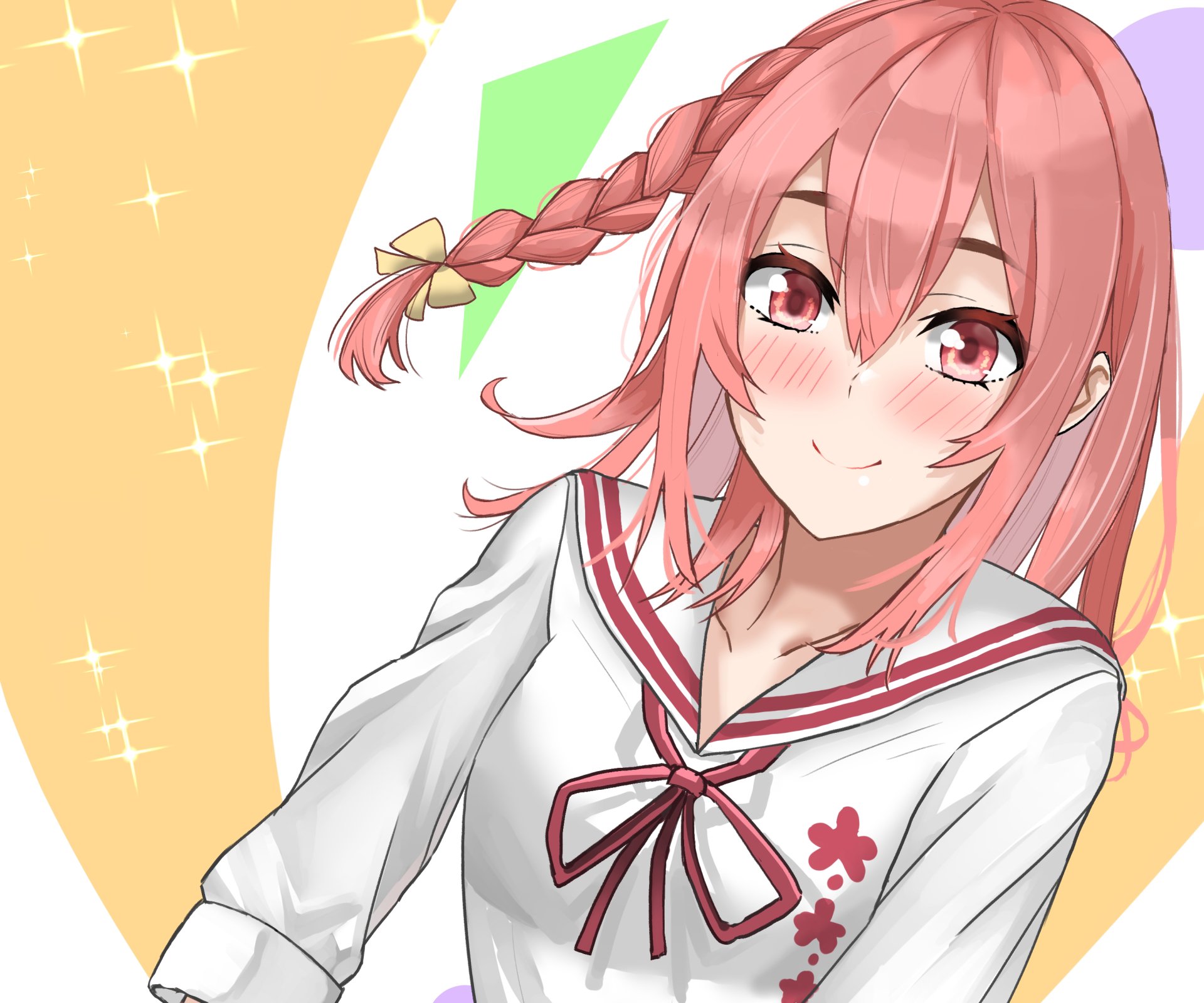 Sumi Sakurasawa (Rent-A-Girlfriend) smiling in a sailor uniform, pink braided hair and blush, pastel sparkles — 2K Quad HD PC desktop wallpaper/background.