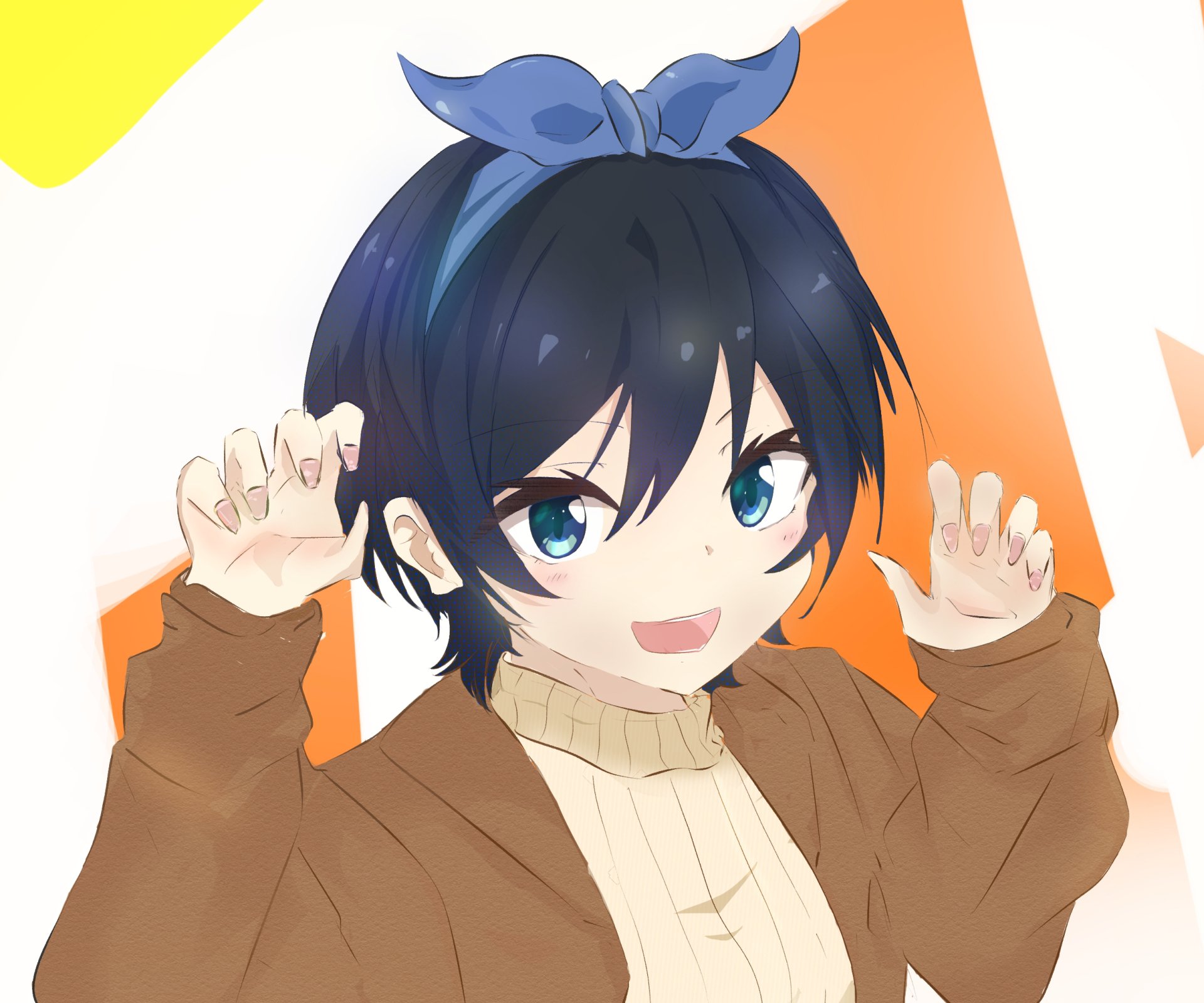 HD PC desktop wallpaper of Ruka Sarashina from Rent-A-Girlfriend, cheerful pose with teal eyes and blue bow, hands raised playfully against an orange-and-white background.