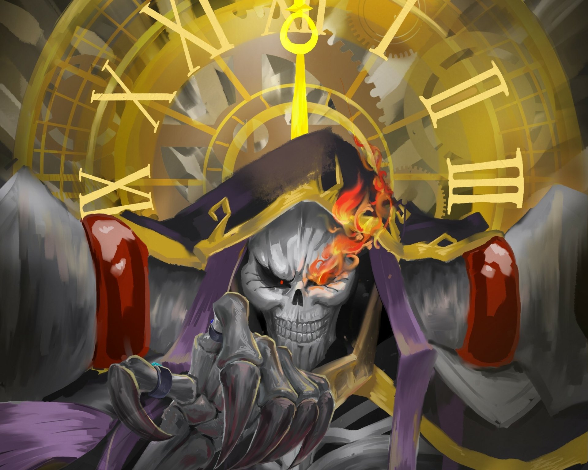 Ainz Ooal Gown from the anime Overlord — skeletal sorcerer in dark robes with a flaming eye, reaching hand before a giant golden clock. HD PC desktop wallpaper.