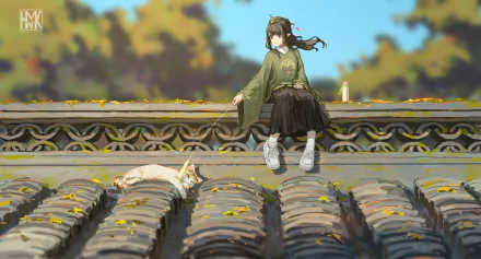 chinese dress rooftop kitten illustration Anime girl anime girl HD Desktop Wallpaper | Background Image