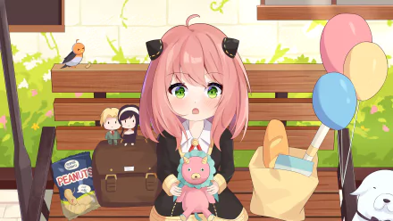 HD desktop wallpaper featuring Anya Forger from Spy x Family sitting on a bench, holding a plush toy, surrounded by balloons, books, and a bag of peanuts.