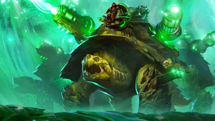 Guild Wars 2: End of Dragons video game 4K PC wallpaper: armored turtle mount bearing a mechanized rider with green glowing tech amid a misty emerald landscape.
