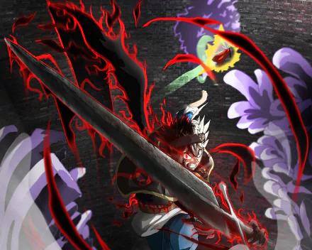 Asta (Black Clover) in demon-infused form, brandishing a massive sword amid red-black energy and purple wings — 5K Ultra HD PC desktop wallpaper and background.