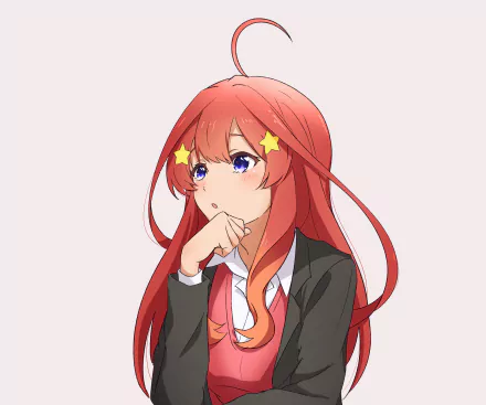 Itsuki Nakano from The Quintessential Quintuplets, thoughtful pose with hand on chin, long red hair and star clips in school uniform — 2K Quad HD PC desktop wallpaper.