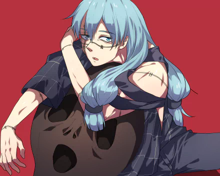 Mahito (Jujutsu Kaisen) anime 2K Quad HD PC desktop wallpaper/background: blue‑haired Mahito with glasses, braided hair and torn dark clothing on a red background.