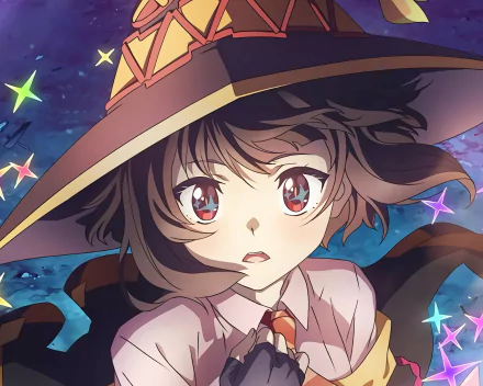 HD anime desktop wallpaper featuring Megumin from KonoSuba - God’s blessing on this wonderful world!! with vibrant colors and magical star effects.