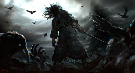 HD PC desktop wallpaper featuring an anime Vagabond character standing amid crows under a gloomy, stormy sky with dynamic, dark tones and intense atmosphere.