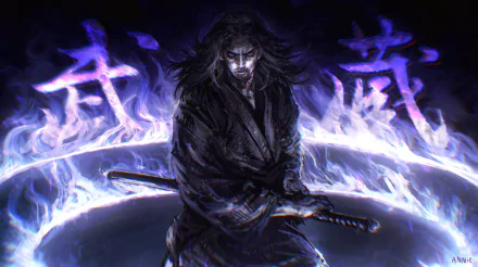 HD PC desktop wallpaper featuring Miyamoto Musashi from the anime Vagabond, depicted with intense expression and glowing purple kanji characters in the background.