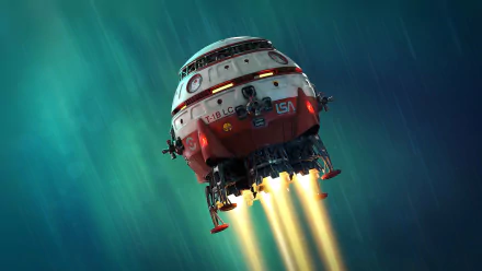 Sci-Fi spaceship ascending with fiery thrusters against a teal nebula — 4K Ultra HD PC desktop wallpaper and background.