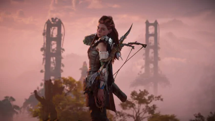 Aloy from Horizon Forbidden West stands with her bow before a ruined Golden Gate Bridge at sunset — 4K Ultra HD PC desktop wallpaper.